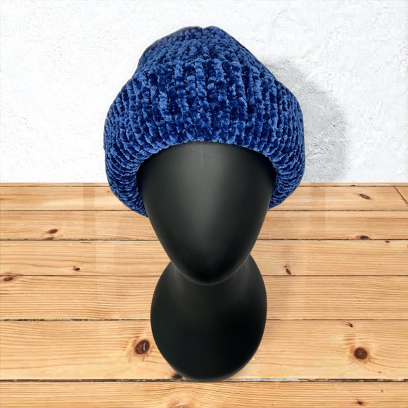 Hand Crafted Accessories - Handmade Super Soft Velvet Knit Beanie Handcrafted Hat Navy